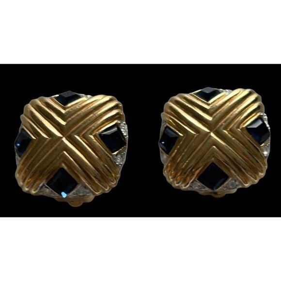 A. C. Signed Blue Clear Crystal Square Gold tone Clip on Earrings vintage 1980s - Picture 7 of 11